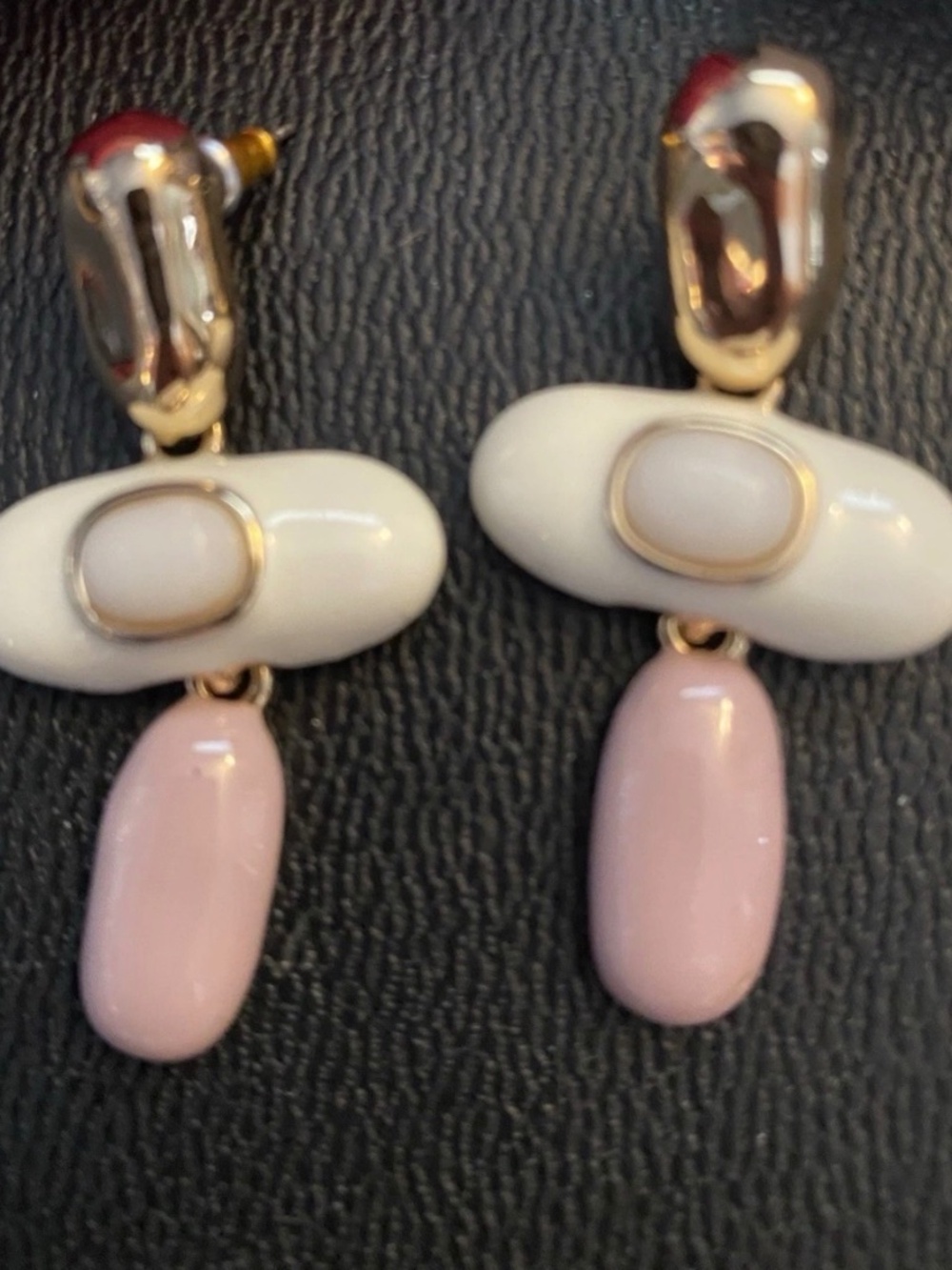 Avon White Quartz Pink Enamel Earrings oval cross style